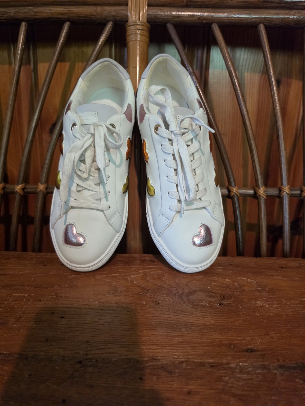Kurt Geiger White Leather Sneakers with Metallic Heart Accents